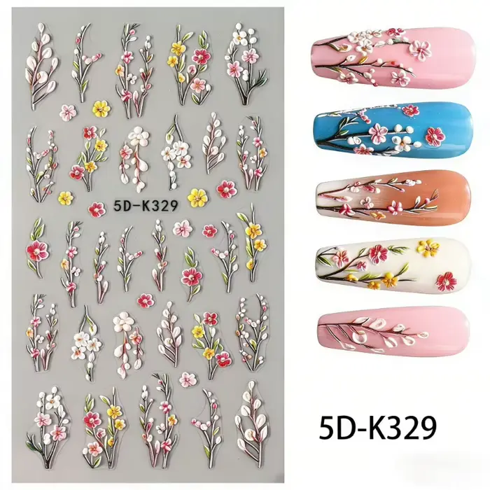 Autocollants pour ongles motif fleur de lys rose - Motifs fleurs roses et feuilles vertes
