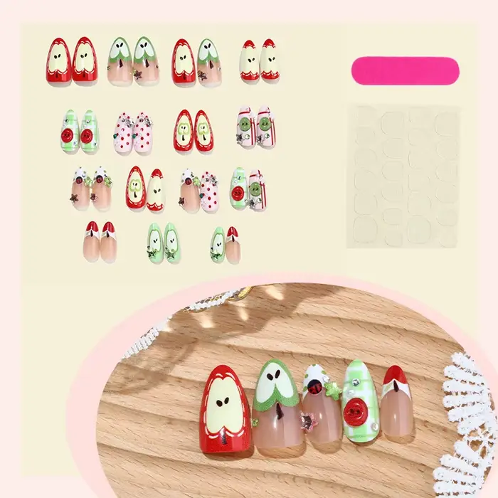 24 faux ongles mignons motif pomme rouge dessin animé