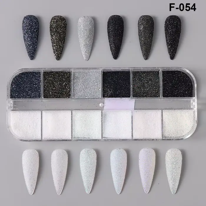 Poudre à paillettes pour ongles, 12 grilles, noir et blanc, effet sucre brillant, flocons chromés ir
