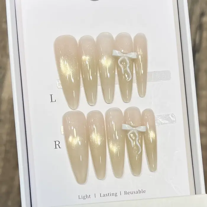 Faux ongles œil de chat avec nœud papillon en résine, pointes françaises brillantes, pour femmes, te