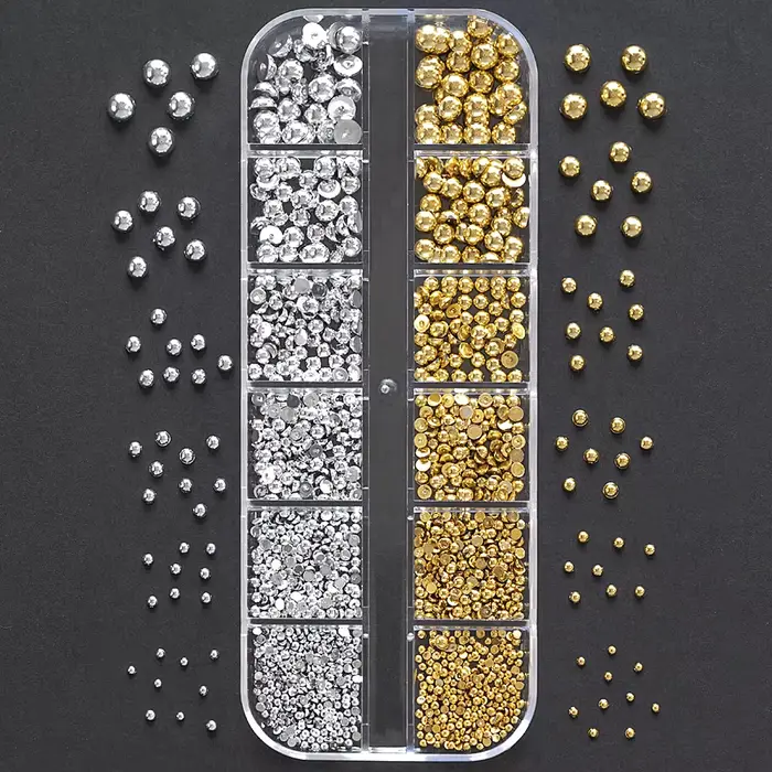12 grilles or argent perles pour ongles 3D demi-rond perle