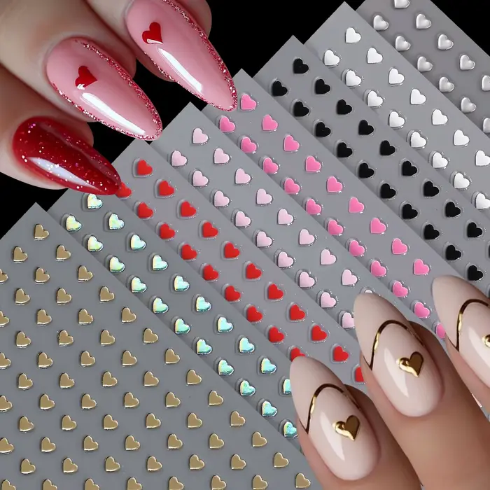 8 couleurs/ensemble 3D Mini amour coeur saint valentin ongles autocollants or rouge rose