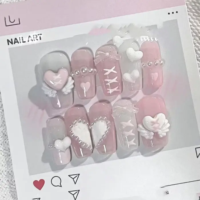 Faux ongles à porter faits main, rose, avec motifs Ailes d'ange, Nœud d'amour, Manucure Starburst et