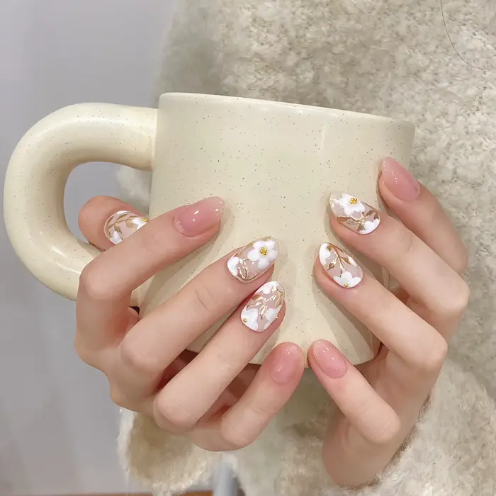 Faux ongles courts et ronds faits à la main pour femmes, patchs à fleurs blanches, rose brillant, rose nude doux, portable, N64.