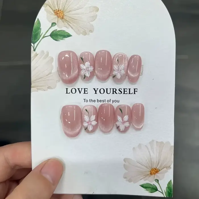 Faux ongles en forme d'oeil de chat rose peints à la main, haut de gamme, patchs de décoration d'ong