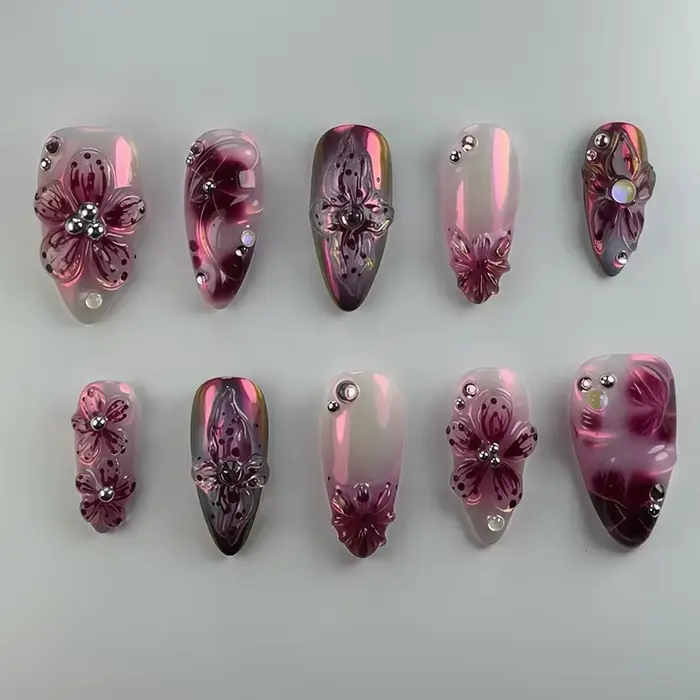 24 pièces fleur impression presse sur ongles vin rouge Blush amande faux
