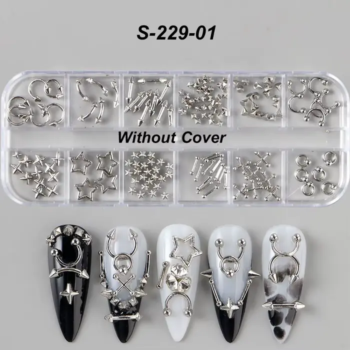 Breloques pour ongles en alliage Punk doré argenté Y2K, 12 grilles, Rivets métalliques, Rivets percé