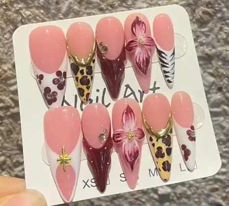 10 faux ongles à presser pour l'été, thème plage, dégradé rouge bordeaux, longs, forme amande, avec 