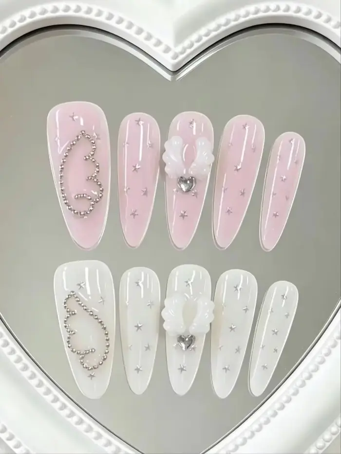 10 faux ongles longs en forme d'amande, doux et féériques, faits à la main, adaptés aux rendez-vous en couple, aux styles de demoiselles d'honneur de mariage, aux looks quotidiens décontractés, aux te