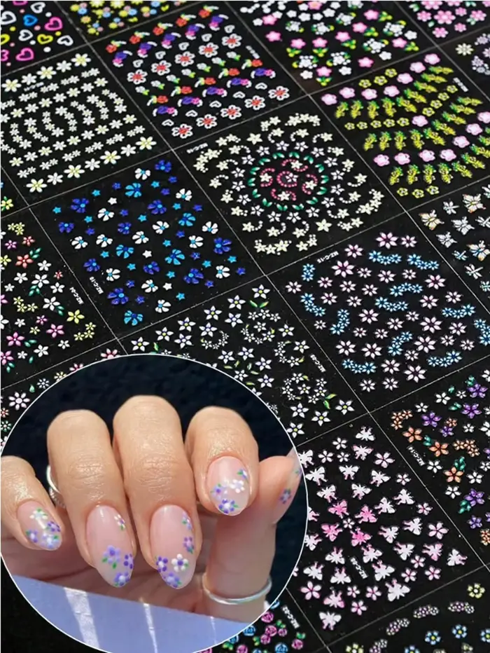 90 Blatt 3D Y2K Nail Art Aufkleber, 4800 Stücke Aufkleber 3D selbstklebende wei oder Blumen autocoll