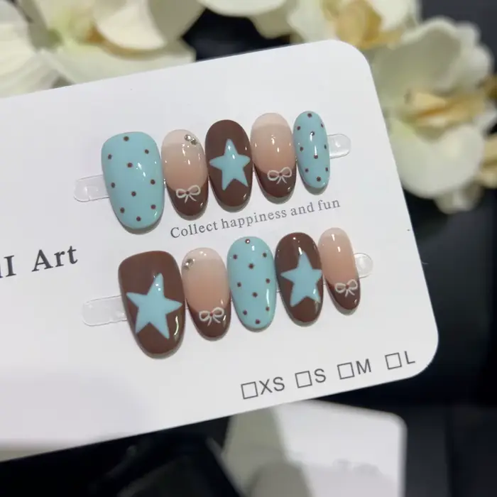 10 faux ongles courts français faits à la main, à presser, motif pois rouges, bleus, marrons, nœuds 