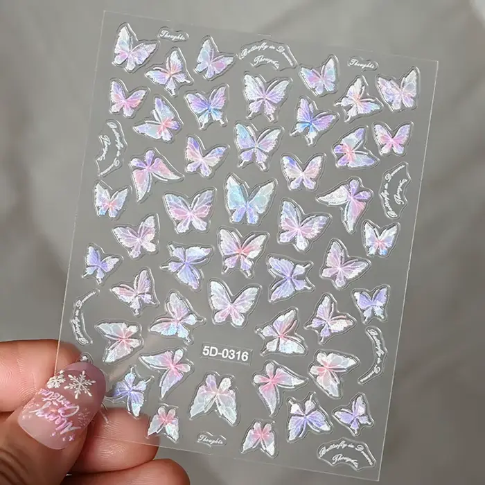 Autocollants pour ongles papillon, coquille d'aurore rose violet, Laser brillant 3D, décalcomanies p