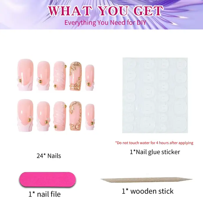 24 pièces par ensemble. Faux ongles rectangulaires 3D en gel