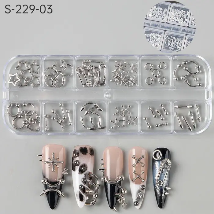 12 grilles Goth Punk ongles breloques goujons Y2K Piercing conceptions métallique argenté