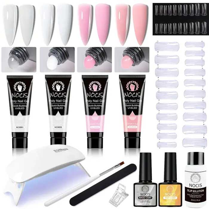 Kit d'extension d'ongles en polygel 4 couleurs NOCIS - Gel de construction résistant et durable avec lampe UV compacte - Obtenez des résultats comme au salon