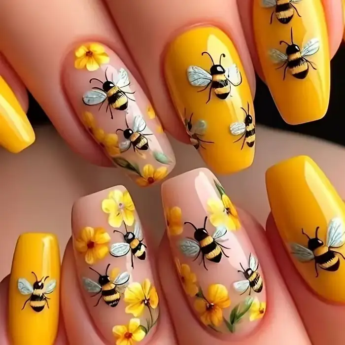 24 pièces/ensemble faux ongles mi-longs pour femmes printemps été fleurs papillon abeille design fau