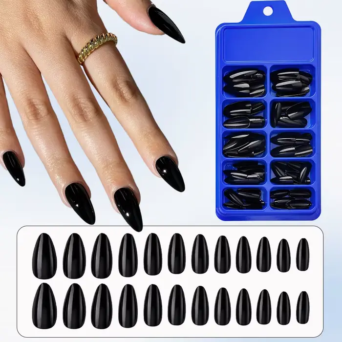 100 faux ongles noirs en acrylique, forme amande, à presser, réutilisables, style français, couvranc