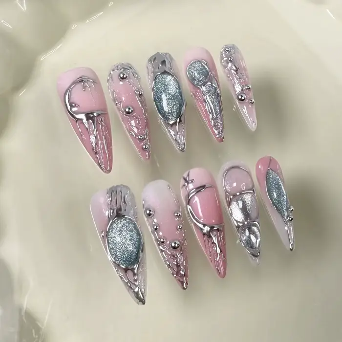 Spice Girl – faux ongles à rayures métalliques argentées, faits à la main, longs, bleu-rose, Design