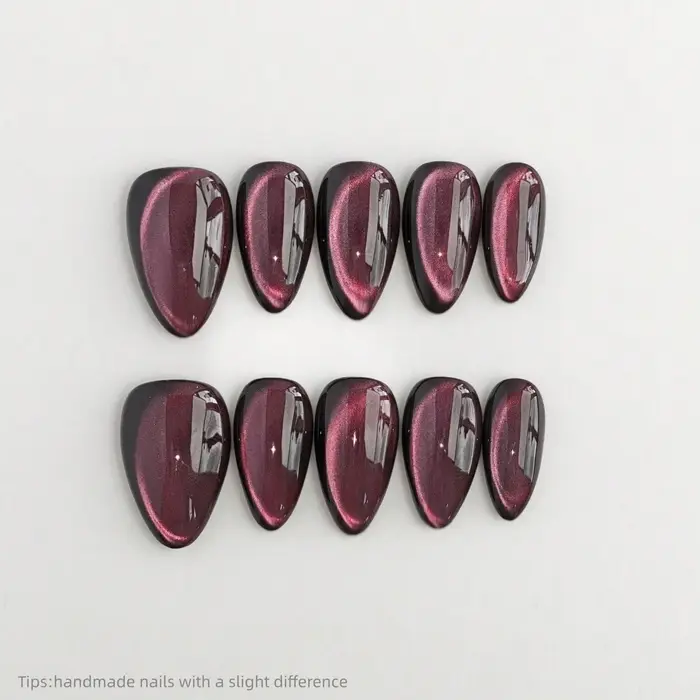 10 faux ongles press-on œil de chat rose faits main