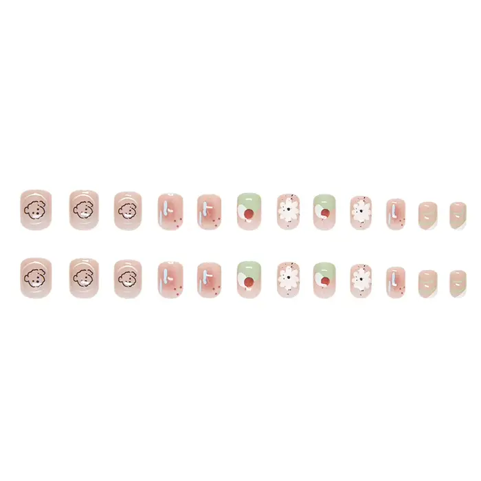 24 pièces Blush faux ongles avec colle fleur chiot été presse