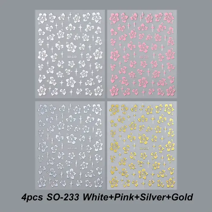 Autocollants 3D en forme de fleur d'hibiscus pour nail art, décalcomanies florales blanches, roses,