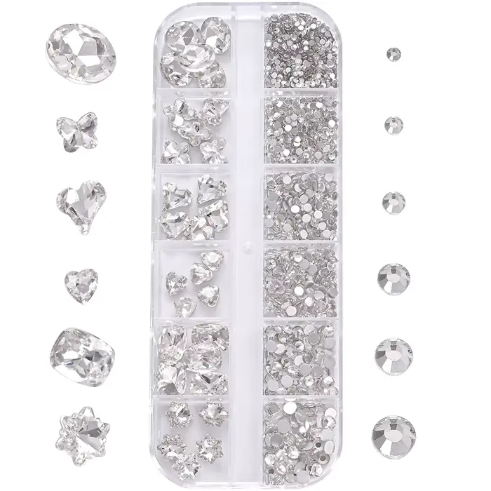 1 boîte de strass 3D transparents pour Nail Art, 12 formes ovales mixtes, papillon, cœur, fleur, bre