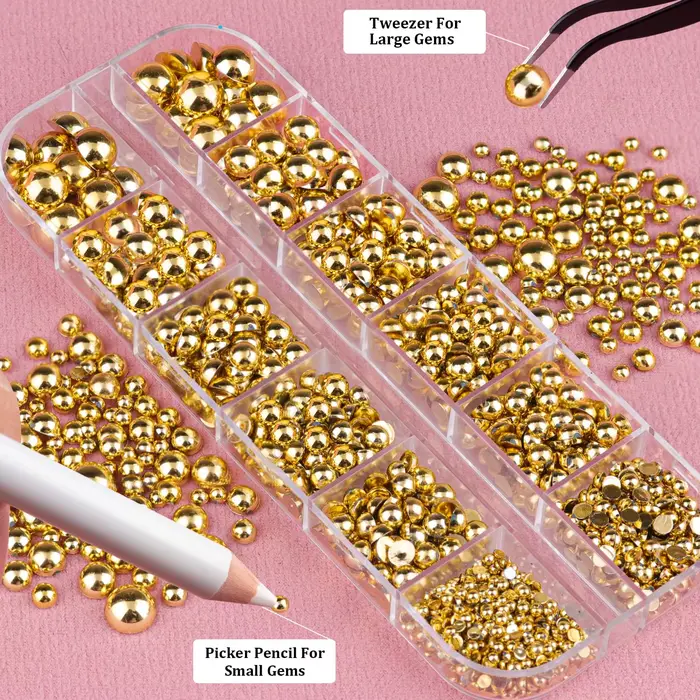 12 grille/boîte 3D or argent demi-rondes perles en acier breloques pour ongles 2-8MM Flatback perle
