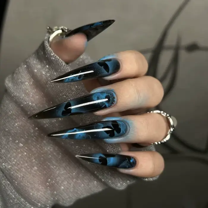 24 pièces bleu foncé papillon Y2k faux ongles épicés filles dégradé français pointu