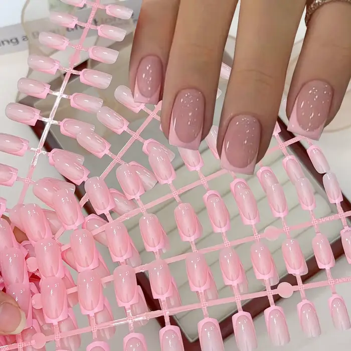 120 pièces court carré blanc français faux ongles conseils nu rose cercueil en forme brillant presse