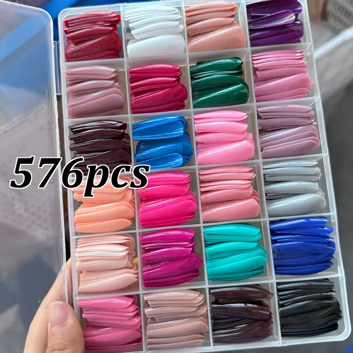 576 pièces/boîte coloré Long cercueil faux ongles brillant doux Gel français