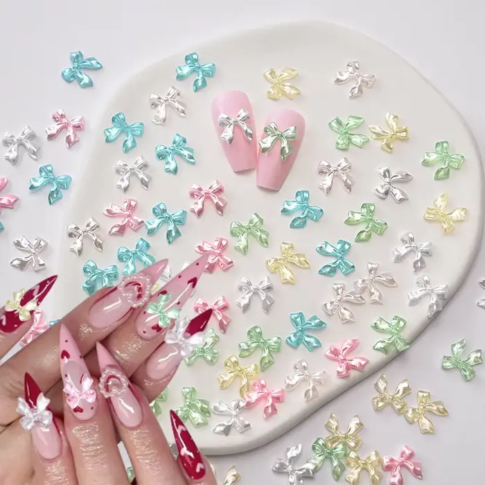 Breloques pour ongles en ruban nacré rose 3D, 100 pièces, nœud papillon en résine Kawaii, décoration