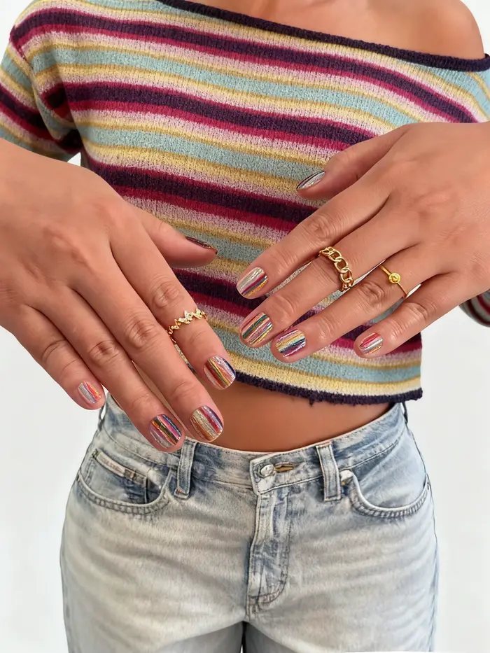 10 faux ongles carrés courts pastel à rayures arc-en-ciel scintillantes
