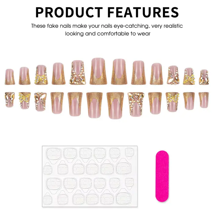 24 pièces lumière luxe presse sur ongles brillant or Style français bec de canard faux