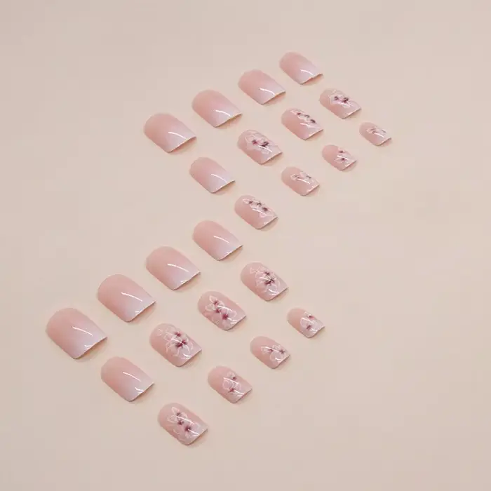 24 pièces d'ongles français courts à fleurs dégradées simples avec 1 colle gelée et 1 lime à ongles