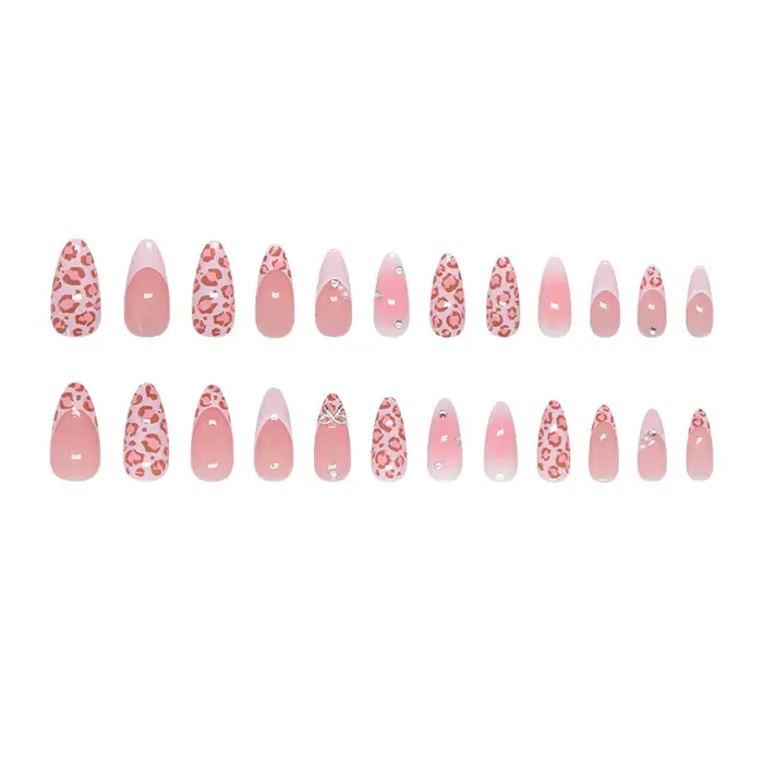 24 faux ongles à presser en amande rose imprimé léopard
