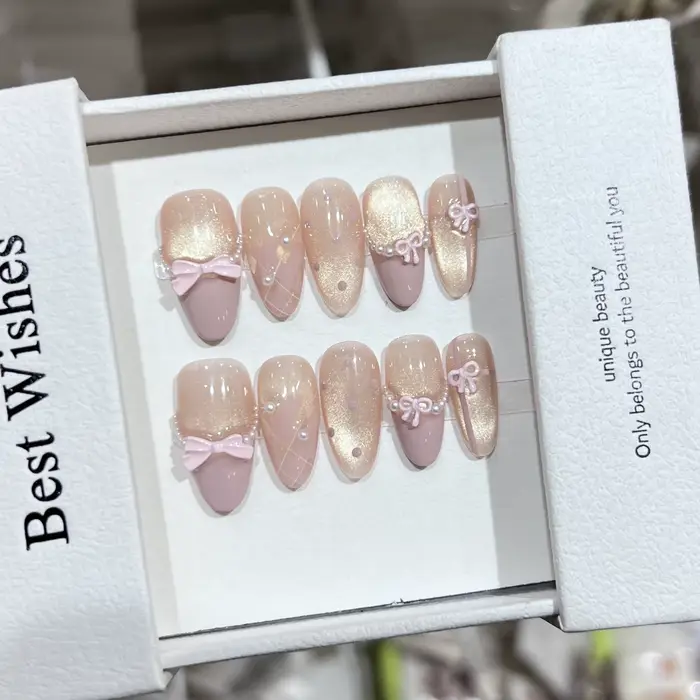 10 pièces doux Ballet portable faux ongles à la main rose Style français 3D nœuds papillon presse