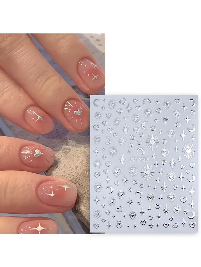 Autocollants pour ongles en or et argent, étoiles, lunes et cœurs, 6/12/24 feuilles, autocollants 3D