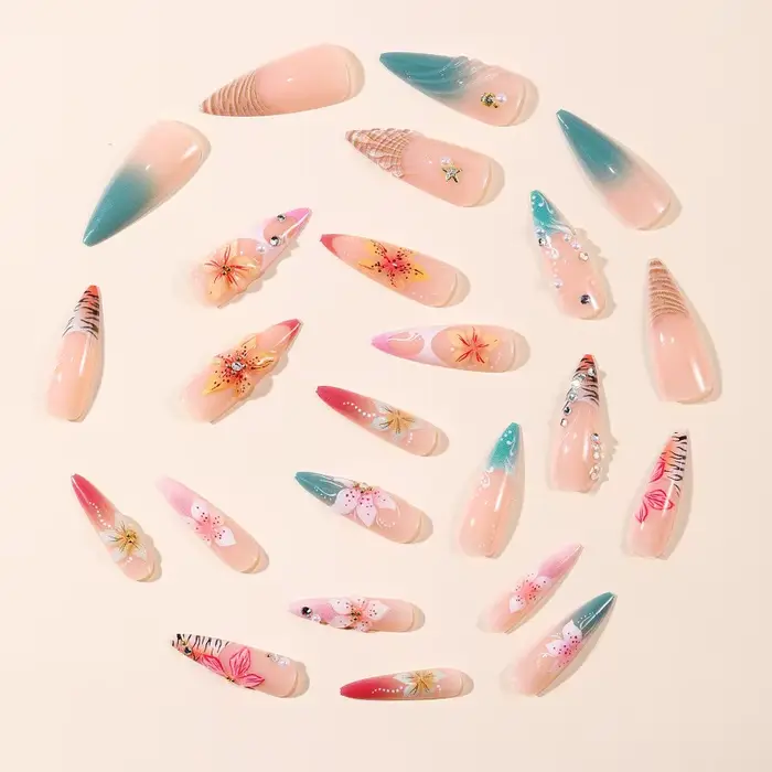 24CS Faux Ongles Français Imprimé Léopard Dégradé Coloré Amande à Presser Fleurs 3D avec Perles pour Femme – Collection Été