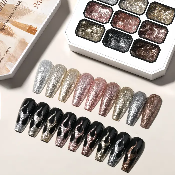 Vernis à ongles solide platine haute densité 9 couleurs métalliques - Gel scintillant pour les contours