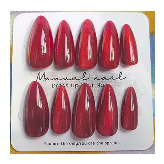 10 pcs Presse à la main sur les ongles-Amande-Rubis Cat Eye