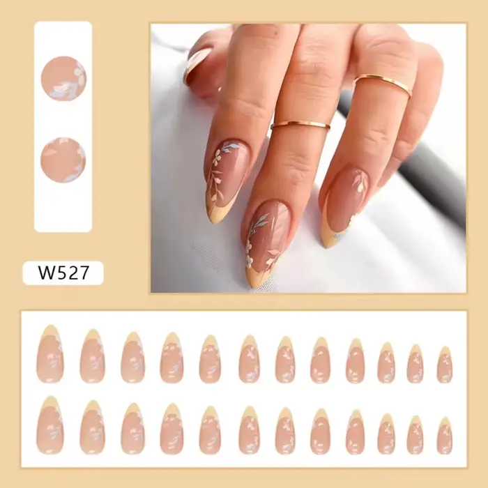 Feuille fraîche 24 pièces faux ongles français longs avec 1 autocollants de colle gelée vente en gros d'usine pour les femmes