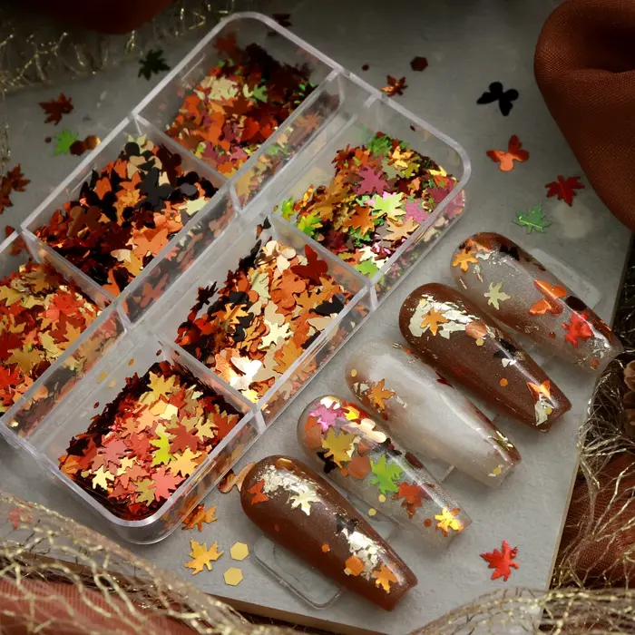 Paillettes pour ongles en forme de feuilles d'érable d'automne, feuilles d'automne, papillons, hexagones, accessoires pour nail art, décoration de manucure DIY