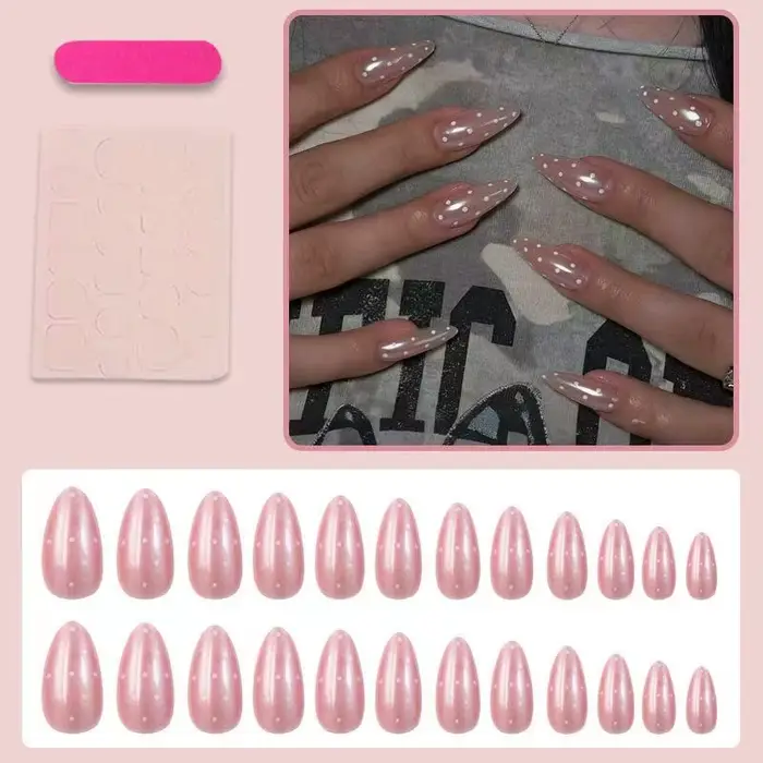 24 faux ongles brillants blancs à pois, base transparente en gel, minimalistes, à presser, faits à la main, simples et élégants
