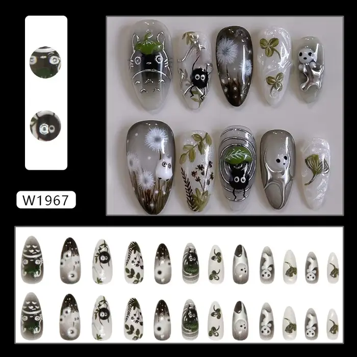 24 pièces dégradé noir faux ongles mignon dessin animé oeil de chat forêt elfe fille presse