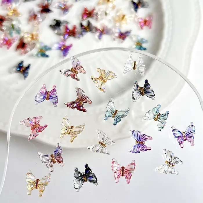 Breloques pour ongles papillon transparentes multicolores, 30 pièces, résine 3D brillante, petit pap