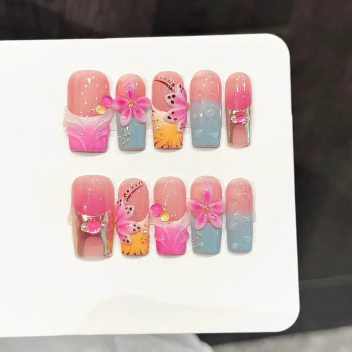 10 faux ongles carrés longs faits à la main
