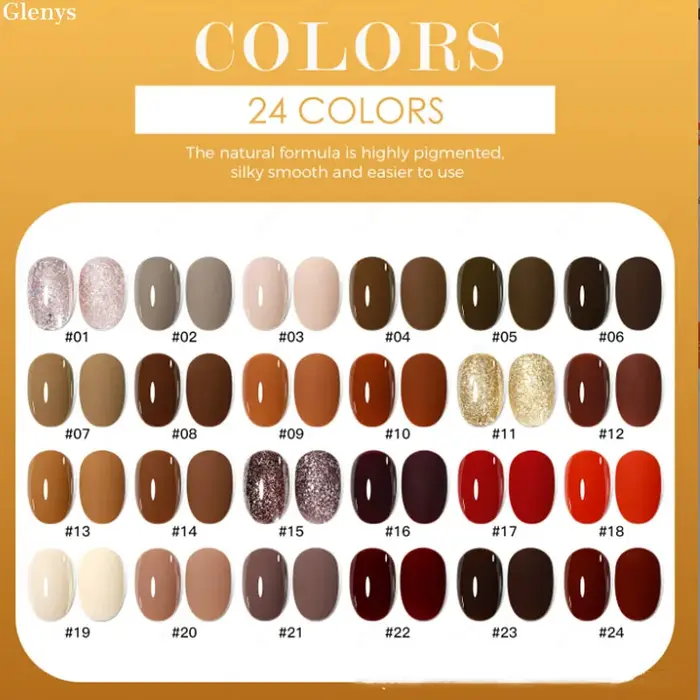 Vernis à ongles gel 24 couleurs Glenys, populaire et haut de gamme, gel d'immersion essentiel pour salons de manucure nobles.