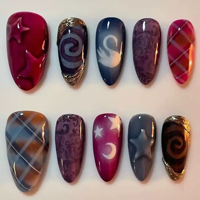 Faux ongles en forme d'amande Y2k, 24 pièces, Style lune, étoile, motif de cygne, doux et frais, cou