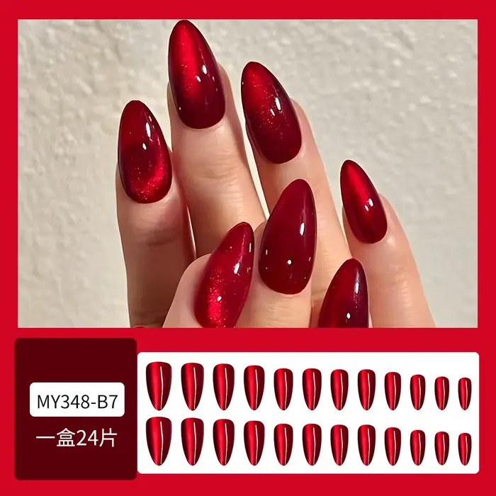24 pièces brillant rouge oeil de chat presse sur ongles couverture complète couleur nue portable amande faux