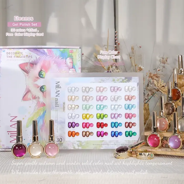 Eleanos HighEnd – Kit de vernis gel magnétique œil de chat 30 pièces 15 ml avec nuancier et différents flacons décorés